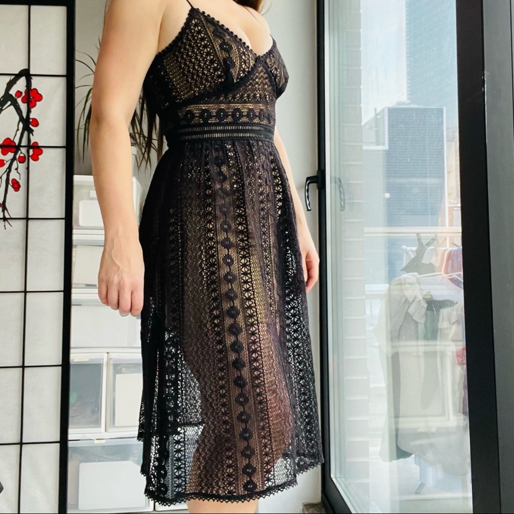 FOTINI KARAGIANNI CROCHET BOHO Mesh Woven Upper Black Shell Tan Strap Mini Dress